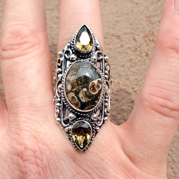 New Turtella Agate Fossil & Smoky Quartz 925 Silver Statement Ring. - Picture 7 of 13